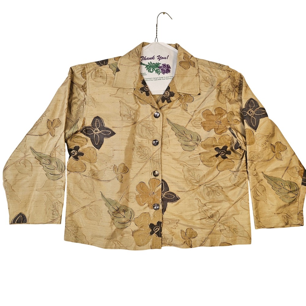 Chicos Design Gold Silk Floral Embroidered Button Front Jacket Size 2